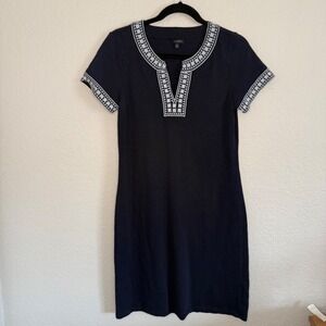 Talbots Womens Small Navy Knit Midi‎ Dress Embroidered Coastal Career Old Money